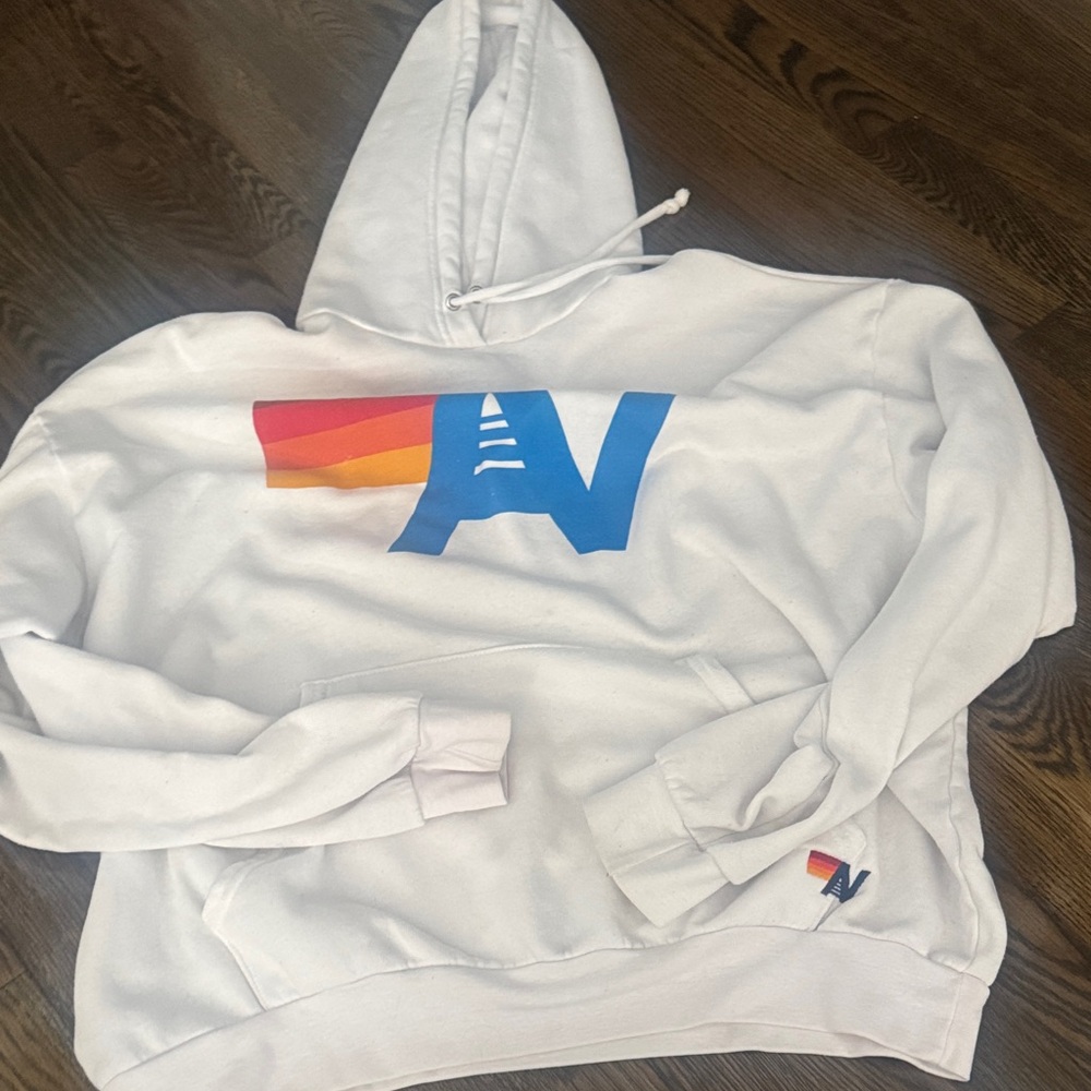 Aviator Nation White Hoodie with Blue and Sunset Stripe Logo